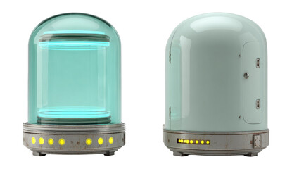 Naklejka premium Transparent Glass Dome with Blue Lighted Base and Industrial Design Elements