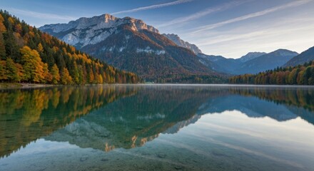 Obraz premium Autumnal mountain lake, mirrored calm