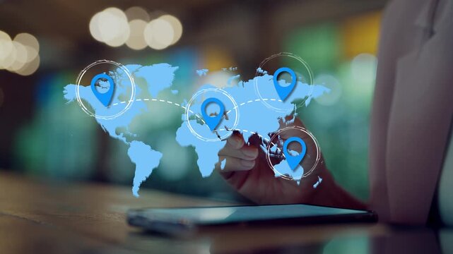 Global navigation map with location pins and connected routes, representing logistics network, GPS tracking and worldwide delivery system for infographic video, transportation and business technology.