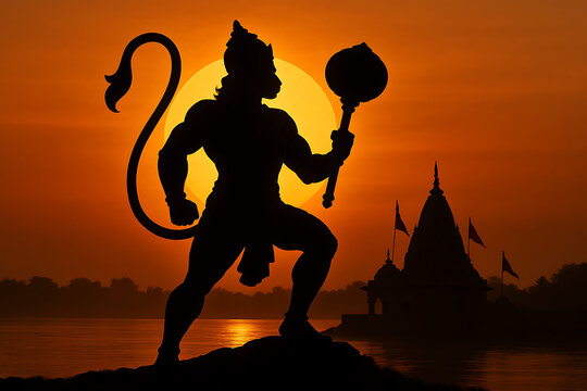 Majestic silhouette of lord hanuman with mace standing on cliff near river at sunset in front of hindu temple religious festival spiritual vector graphic hanuman jayanti - Powered by Adobe