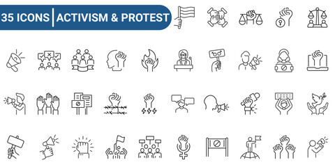 Set of 35 outline icons related to activism, protest. Linear icon collection. Editable stroke. Vector illustration. pictogram collection.