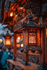 Fototapeta premium Close-up of ornate carvings and lantern details on a Yatai float during Kawagoe Hikawa Festival. Rich wood textures, intricate craftsmanship, warm lantern light illuminating details. 