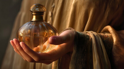 Sacred Anointing Oil: A Vintage Glass Bottle Held by Hand, Symbolizing Divine Blessing, Healing, and Faith in Religious Ritual.
Jesus Christ.