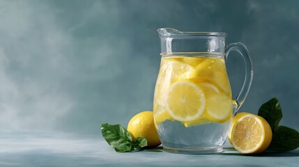 Glass pitcher filled with refreshing lemon water alongside whole lemons and fresh leaves suggesting healthy hyd n