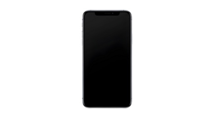 Front view of a modern generic smartphone with a blank black screen, presented as a plain object isolated on a clean white background with no shadow or logo