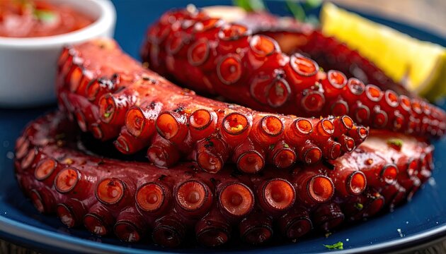 Close-up of grilled octopus tentacles on a dark blue plate
