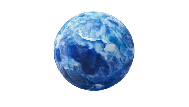 A beautifully rendered blue marble sphere with swirling patterns resembling oceanic waves. set against a clean white background. ideal for abstract art or design projects