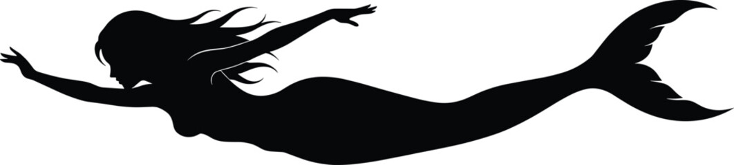 Beautiful mermaid silhouette illustration, mystical ocean fantasy artwork, underwater mythical sea creature design, marine fairy tale magic, aquatic mythology decorative art