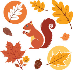 Autumn Flat Icons Set with Squirrels Logo Icon on White Background | Seasonal Fall Animal Vector Illustration, Cute Cartoon Forest Wildlife Symbols, Nature Elements for Branding and Design