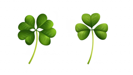 Two green four-leaf clovers on a clean white background. symbolizing luck and prosperity. ideal for use in nature-themed designs. greeting cards. or seasonal decorations