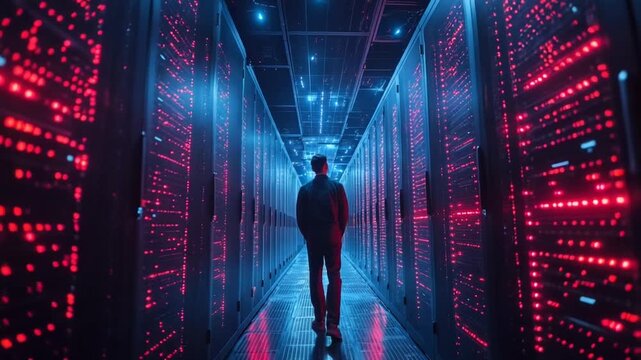 Person walking through a high-tech data center