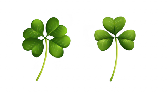 Two green four-leaf clovers on a clean white background. symbolizing luck and prosperity. ideal for use in nature-themed designs. greeting cards. or seasonal decorations