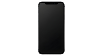 Contemporary mobile phone from a front-facing perspective with a dark, empty screen. This sleek, plain object is isolated on a pure white background