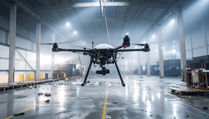 A hovering, unmanned aerial vehicle (UAV) inside a dimly lit industrial building, potentially for inspection or data collection purposes