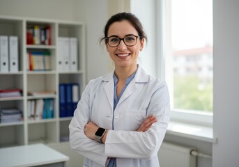 Smiling female doctor in white lab coat with glasses stands with arms crossed in a well lit medical office