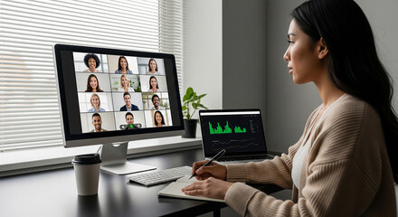 Professional woman collaborates with diverse team on video call analyzing growth charts on laptop in modern home office setting