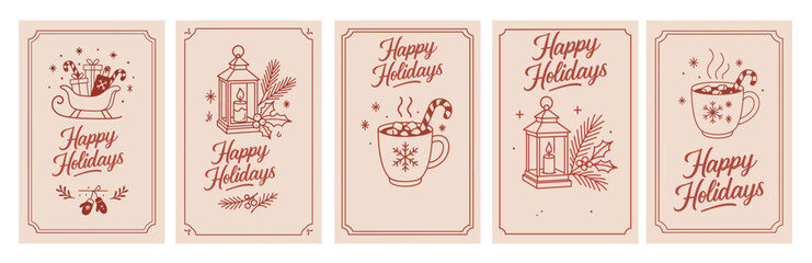 Set of festive greeting cards with Happy Holidays text featuring vintage line art illustrations of cocoa mugs, candles, sleigh, gifts, holly, and pine branches. Hand Drawn Happy Holidays Illustrations
