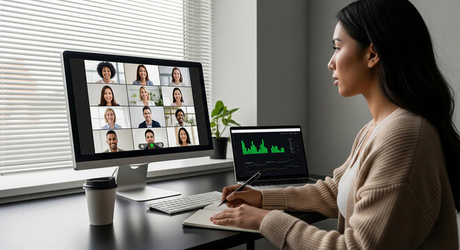 Professional woman collaborates with diverse team on video call analyzing growth charts on laptop in modern home office setting