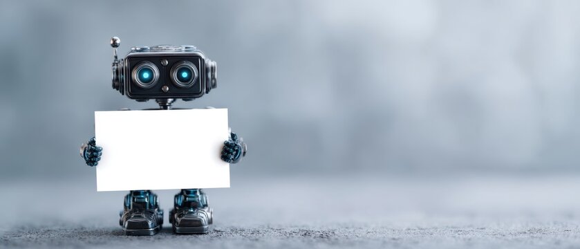 The Robot Holding a Blank White Sign on a Gray Bokeh Background