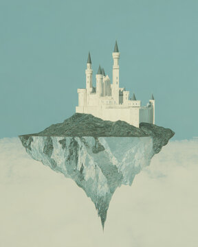 Magical fantasy castle on floating island creates wondrous and serene dream