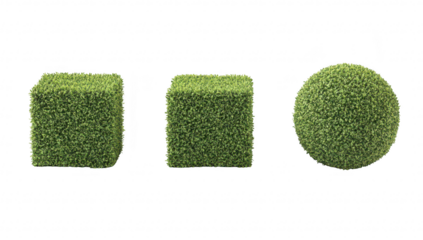 A arrangement of artificial grass-shaped geometric shapes. including a cube. a rectangular block. and a sphere. set against a clean white background. ideal for design and decor concepts