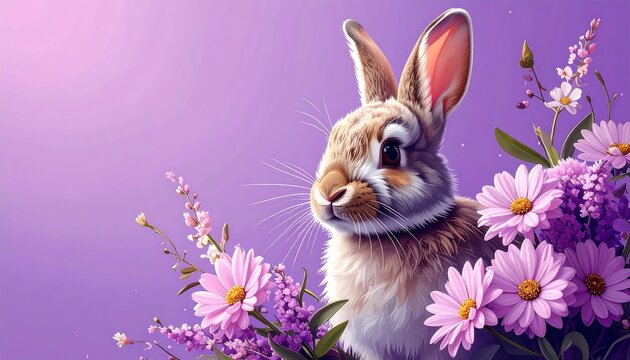 A brown rabbit sits amidst a profusion of purple and white flowers against a soft purple background