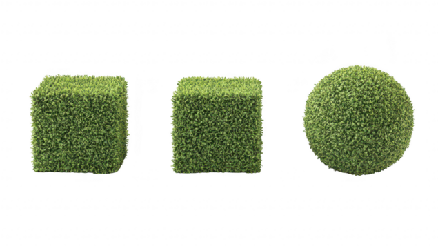 A arrangement of artificial grass-shaped geometric shapes. including a cube. a rectangular block. and a sphere. set against a clean white background. ideal for design and decor concepts
