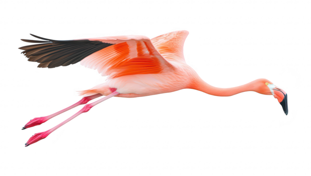 A flamingo gracefully flying against a clean white background. its striking pink feathers and elongated legs. ideal for nature-themed projects or wildlife photography