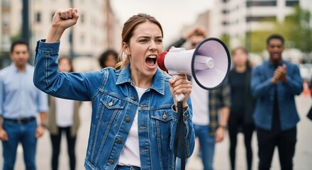 Young female activist shouting into a megaphone during a protest. Woman leading a crowd at a public demonstration with a raised fist. Social justice and human rights rally concept