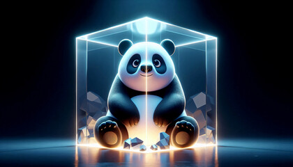 A giant panda sitting inside a crystal cube, glowing in a dark void.