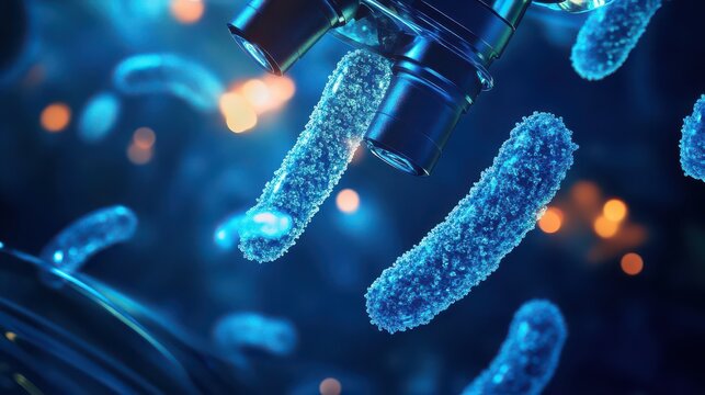 Microscopic view of bacteria cells under a microscope in a laboratory setting