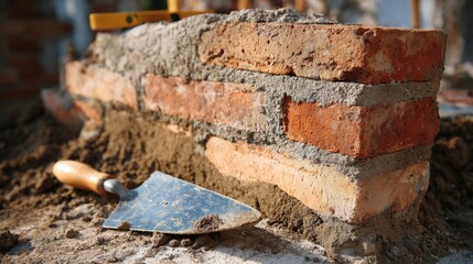 Brick Wall Under Construction with Visible Layers &ndash; Trowel and Level in Realistic Scene