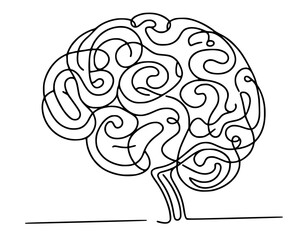 Rooted Mind: A Brain in Continuous Flow, a minimalist continuous line drawing of a brain with tree-like roots, symbolizing growth, knowledge, and interconnectedness