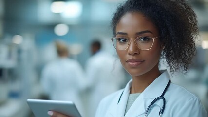 Confident African American Female Doctor Working in a Modern Hospital.