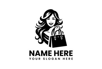 Joyful Woman Holding Shopping Bag Logo Design.