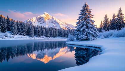 Snowy Mountain Reflection in Lake with Evergreen Trees Winter Landscape