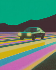 Retro futuristic car driving on neon highway, creating synthwave dream road scene