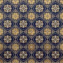 Tile pattern with blue diamond shapes alternating goldwhite floral motifs  light borders