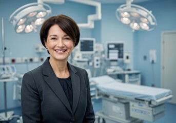 Confident woman in business attire poses in a modern operating room with medical equipment