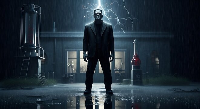Dark figure of Frankenstein in rain lab equipment and lightning