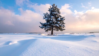 Winter scene of a snow-covered pine tree