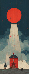 Surreal red house under night sky, experiencing alien abduction, evoking fear and wonder