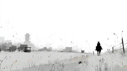 Ink monochrome landscape depicts rider horse traveling toward distant village gate