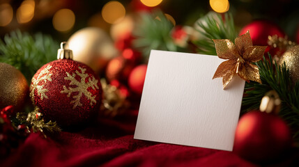 Obraz premium Festive Christmas Ornament Display: A captivating arrangement of vibrant Christmas ornaments, with a blank card nestled amidst the festive decorations, exuding warmth and anticipation. 