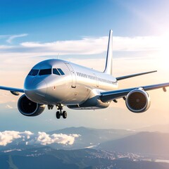 Obraz premium Airplane soaring over clouds and mountains