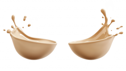 Two elegant bowls filled with creamy liquid are splashing against each other. creating dynamic droplets. set against a clean white background. ideal for culinary or beverage-related content