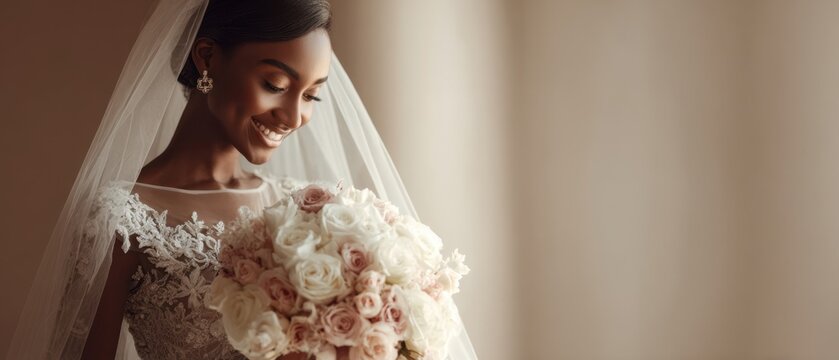 The bride smiling and holding a romantic pastel rose bouquet indoors