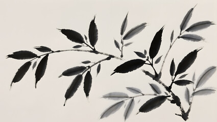 Elegant Japanese ink sumi-e style leaves background, minimal brush strokes, Zen inspired.