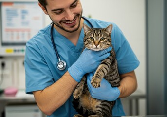 Smiling veterinarian wearing blue scrubs and stethoscope gently holds a tabby cat during a checkup