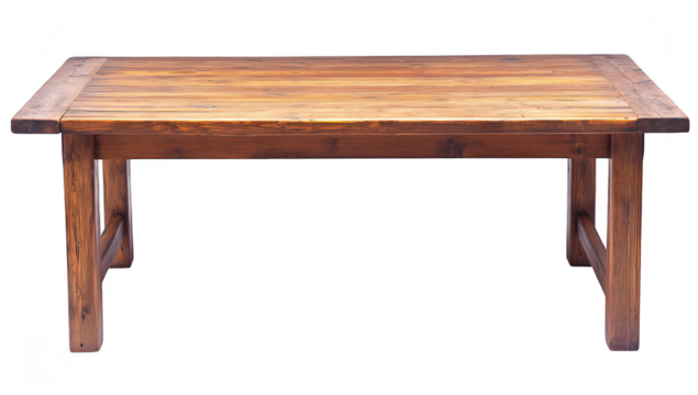 A rustic wooden dining table with a natural finish. positioned centrally against a plain white background. its sturdy design and inviting appearance for home decor use